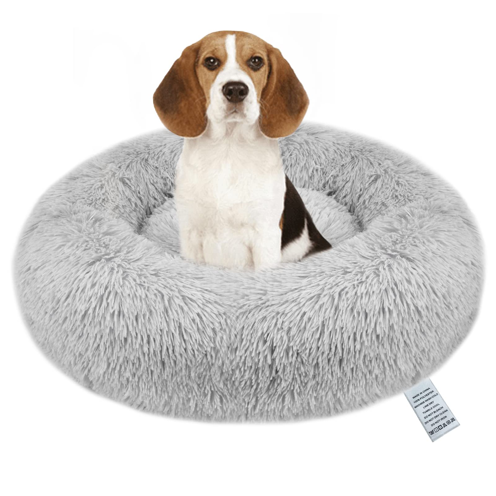 Fireowl XL Dog Bed Calming - 80*80*20cm Washable Donut Cushion, Fluffy Plush Round Cat Bed, Non-Slip Bottom - Warm and Soft Faux Fur Orthopedic Pet Cosy Anti Anxiety Beds Improved Sleep, Light Gray