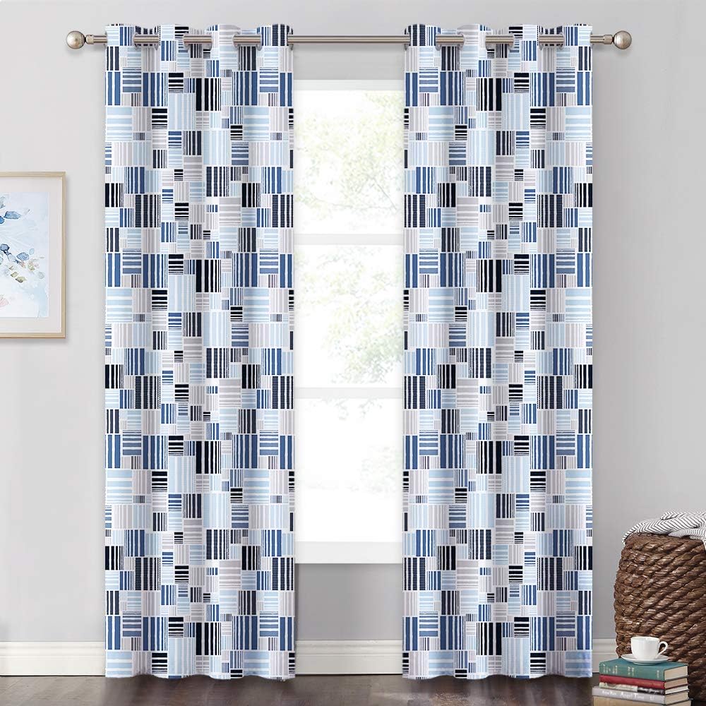 KGORGE Squares and Stripes Checker Print Curtains, Darkening Energy Efficiency Window Drapes for Family Room/Living Room/Sliding Glass Door, 52 inches Wide x 84 inches Long, 2 Pcs, Blue Tone