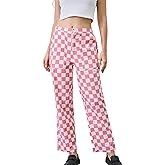 HOCANDY Womens Checkered Pants Zip Off Plaid Gingham Pants Casual Elastic High Waist Straight Leg Jeans with Pockets
