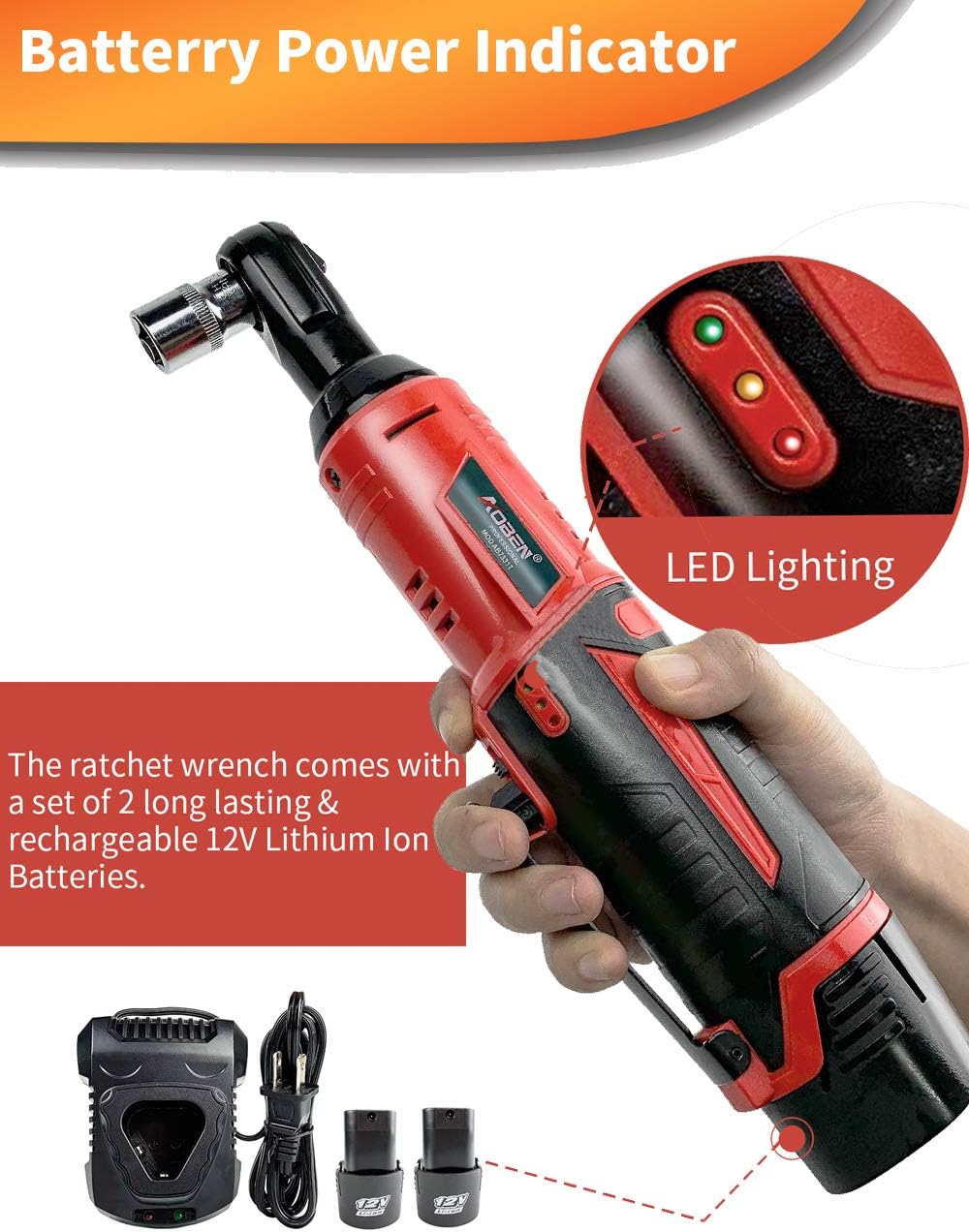 Cordless Electric Ratchet Wrench Set, AOBEN 3/8" 12V Power Ratchet Tool Kit With 2 Packs 2000mAh Lithium-Ion Battery And Charger: Home Improvement