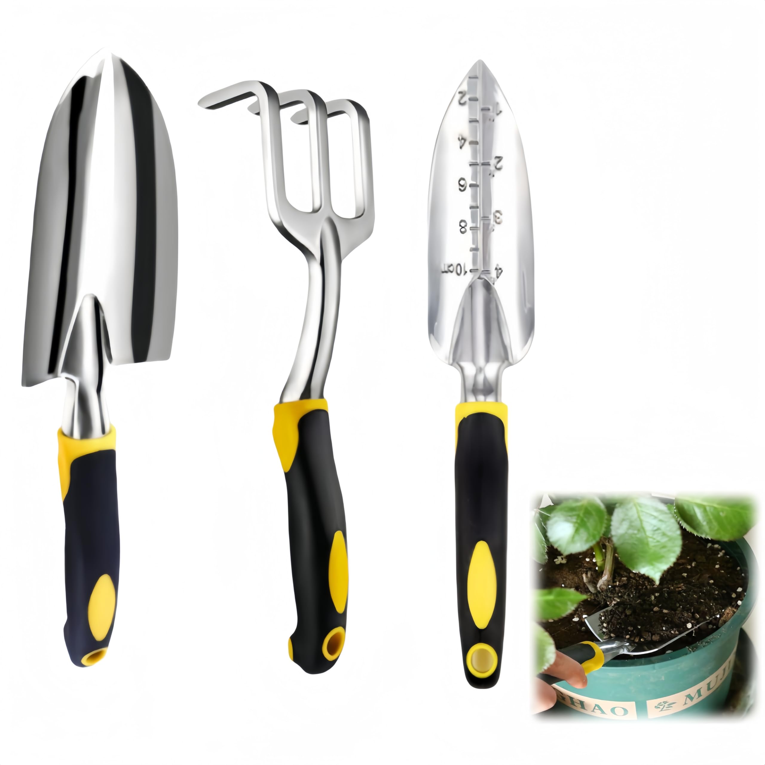 Gardening Tools Set, Gardening Hand Tool Gift Kit with Rake,Shovel&Graduated shovel, Rust-Proof Gardening Set, Durable Gardening Kit, Ideal Gardening Gift for Women Men 3 Piece Loopunk