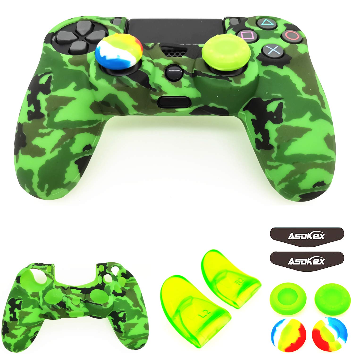 Silicone Skin Cover for Ps4 Controller (1pc Anti-Slip Case, 1 Pair L2 R2 Trigger Extender, 4pcs Thumb Grips,4pcs LED Light Bar Decal) Protector for DualShock PS4/ Slim/Pro Controller (Green camouflag)