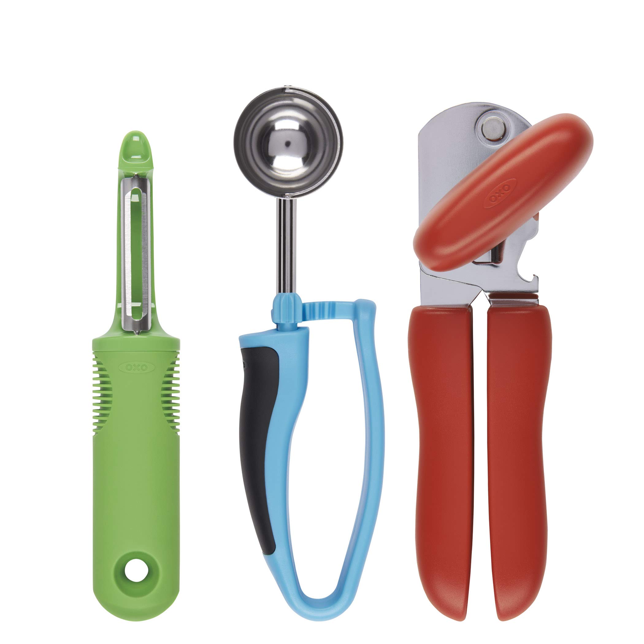 OXO Good Grips Kitchen Essentials Set: Peeler, Can Opener & Ice Cream Scoop - 3 Pieces