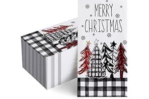 Livcoz 100 PCS Merry Christmas Tree Disposable Paper Napkins, Xmas Bathroom Hand Towels Decorative Dinner Guest Napkin, Winter Holiday Buffalo Plaid Farmhouse Kitchen Dinning Table Party Decor 8x4 In