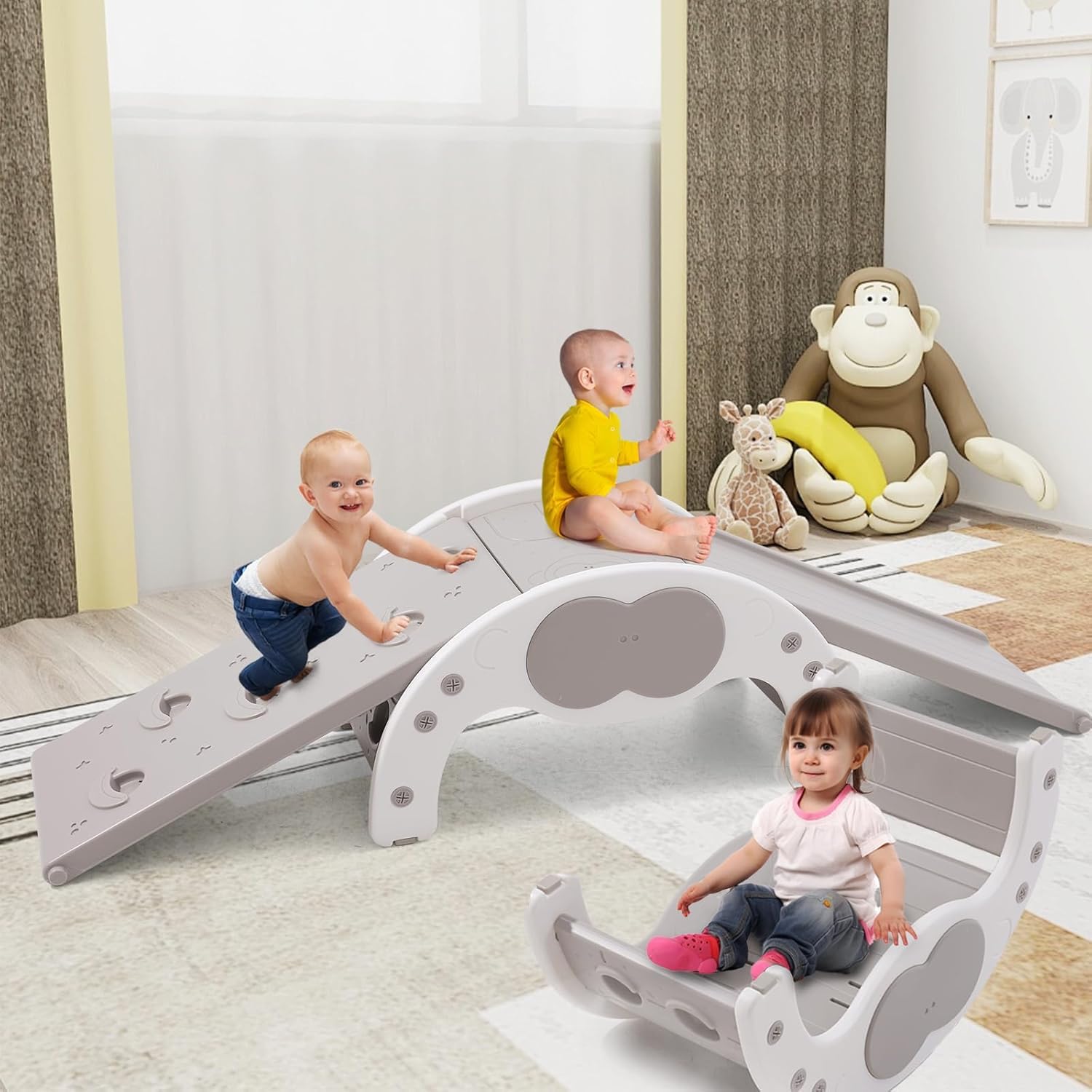 3 in1 Kids Climbing Frame with Slide and Rocker,Indoor Climbing Frame for Toddlers,Montessori Climber Ladder Slide Learning Climbing Arch Toys for Kids Indoor Playground Play Gym Gift for Children