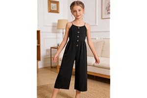 Girls Black Spaghetti Strap Jumpsuit - Wide Leg Casual Romper for Kids, Soft One-Piece Outfit (Sizes 4-12)