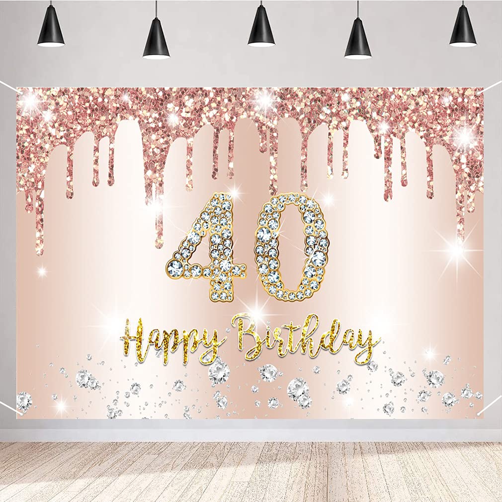 40th Birthday Decorations for Women Happy 40th Birthday Party Decoration Backdrop Banner, 40 Years Old Fabric Sign Poster, Glitter Rosegold Photo Background Party Supplies, 150cm x 90cm