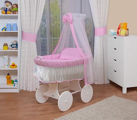 WALDIN Baby Stubenwagen-Set mit Ausstattung,XXL,Bollerwagen,komplett,6 Modelle wählbar,Gestell/Räder weiß lackiert,Stoffe ros