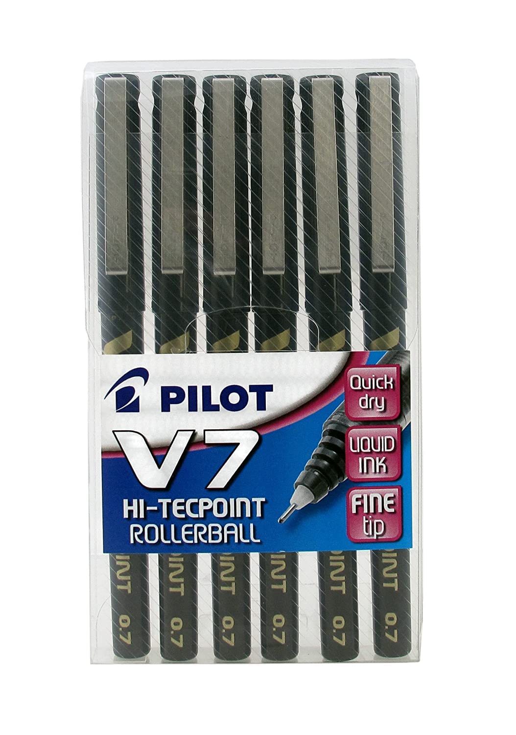 Pilot V7 Hi-Tecpoint Rollerball Pen, 0.7 mm Tip - Black, Pack of 6