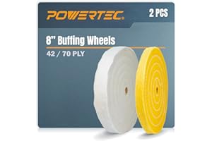 POWERTEC 2 Pack Polishing Wheels, 8 Inch Buffing Wheels, White Cotton (70 ply) and Yellow Cotton (42 ply), 5/8 inch Arbor Hole, Fits Bench Buffer and Jewelry Polisher, For Metal, Wood and Jade (71645)