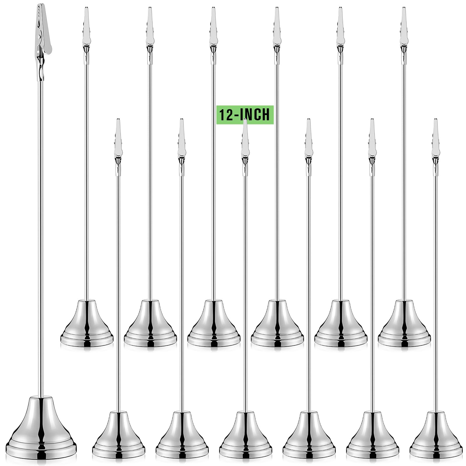 Photo 1 of Skyygemm 12 Pcs Table Number Holders 12 Inch Place Card Holder with Alligator Clip Metal Place Card Stands Table Sign for Photos, Food Signs, Birthdays, Weddings (Silver)