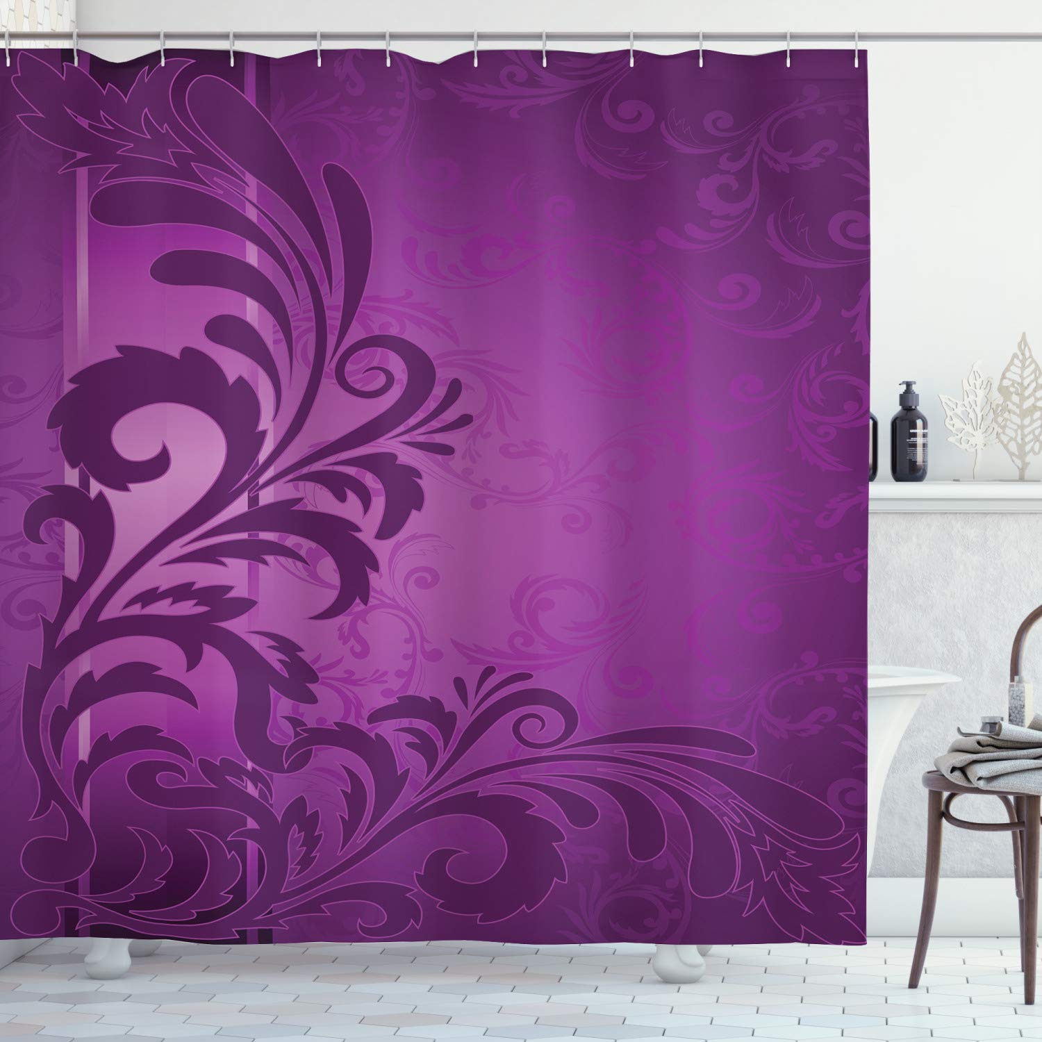 ABAKUHAUS Purple Shower Curtain, Spiral Floral Branch Leaves on the Vertical Border Retro Style Abstract Design, Cloth Fabric Bathroom Decor Set with Hooks, 94 Inches, Purple Plum