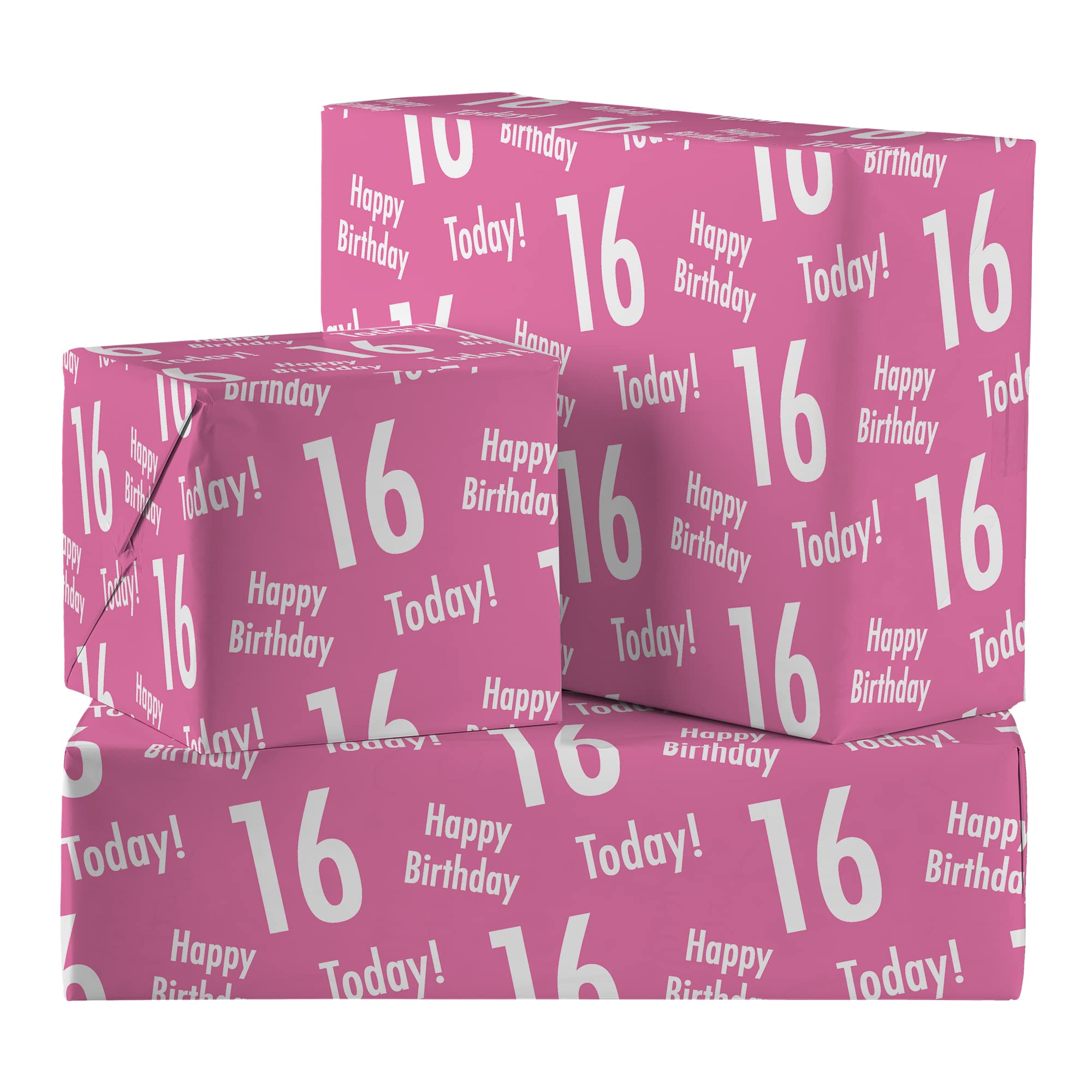 Hunts England - 2 Sheets Of 16th Birthday Pink Luxury Wrapping Paper For Her - Includes 2 Gift Tags - Age 16 Female Folded Gift Wrap - Urban Colour Collection - Age Sixteen Gift Wrap For Girls