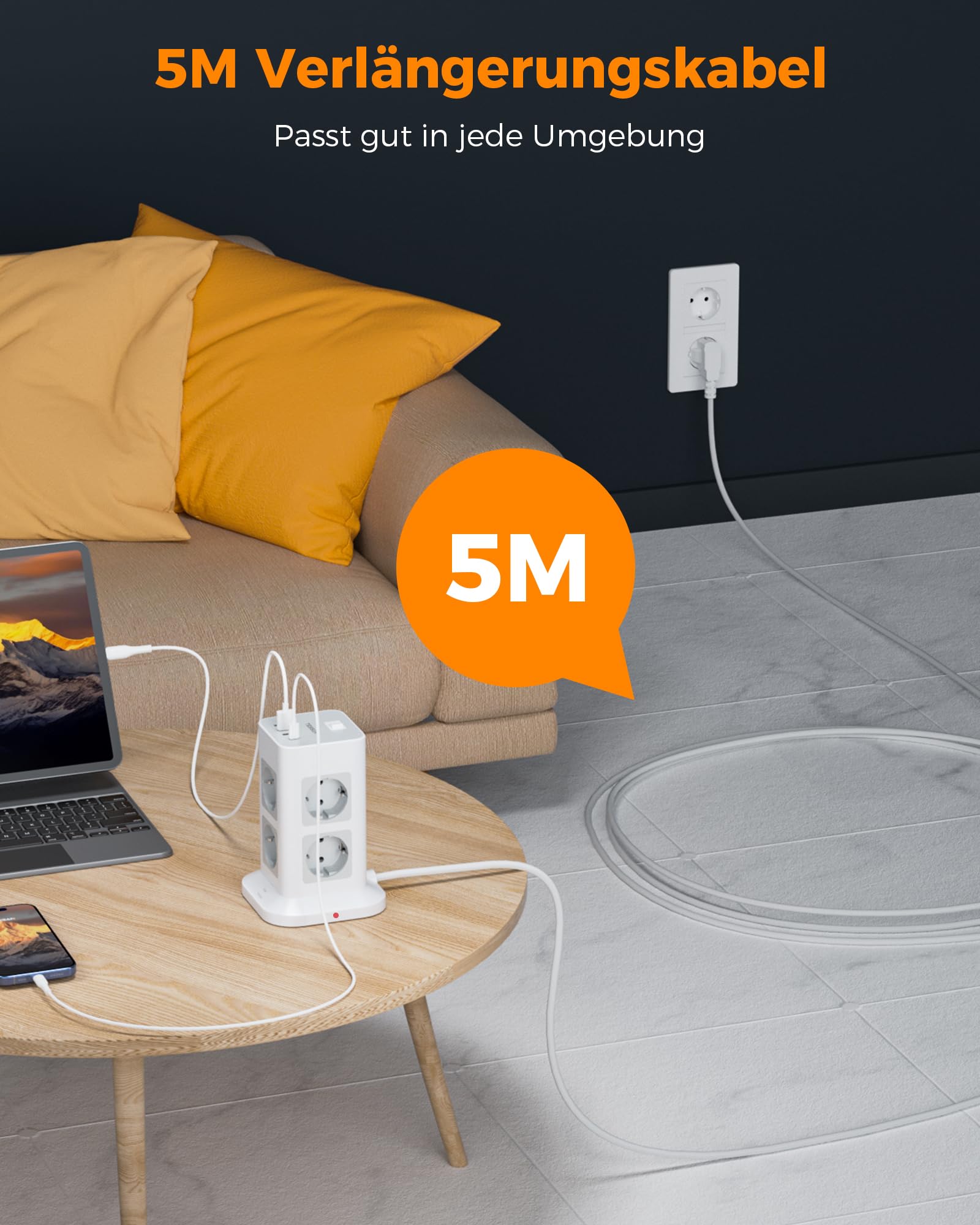 TESSAN 8 Fach Mehrfachsteckdose mit USB C, Verlängerungskabel 5M mit 4 USB und Steckdosenleiste Überspannungsschutz, 3600W Steckdosenturm mit Schalter, Steckdosenwürfel für Büro, Grau 5