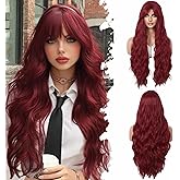 Lisook Long Red Wig with Bangs Red Wigs for Women Wavy Wig Curly Red Hair Wig Curtain Bang 30 Inch Synthetic Wigs Natural Hair Cosplay Wigs Party Hair Replacements Wigs for Girls Daily Party Use