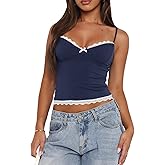 Women Y2k Spaghetti Strap Camisole Crop Top Deep V Neeck Slim Fitted Vest Going Out Shirt Tank Tops Streetwear