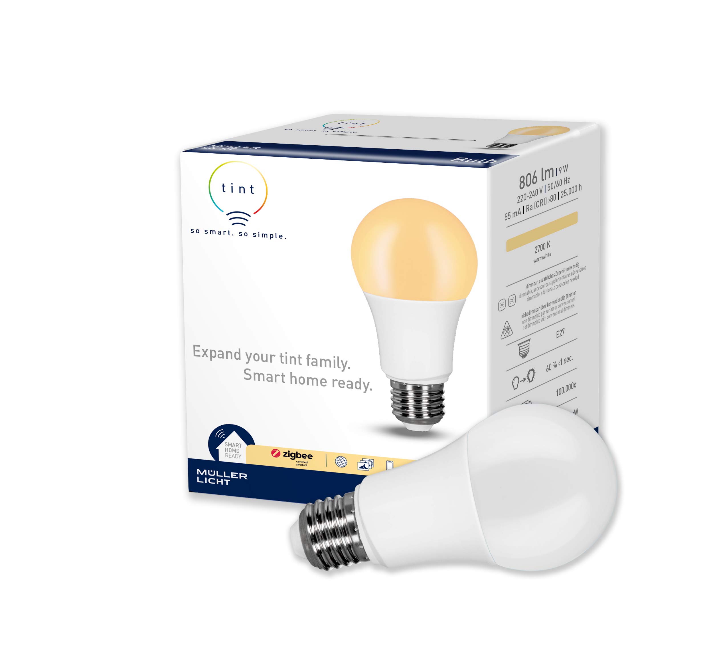 tint Smart LED Bulb E27 - Controlled by Alexa or Remote Control - Dimmable E27 Light Bulb with Warm White Light (2700K) 9W