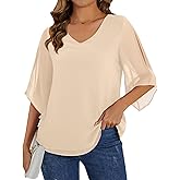 Neineiwu Womens 3/4 Ruffle Sleeve Tunic Tops V Neck Dressy Casual Chiffon Blouses for Women Summer Trendy Work Shirts