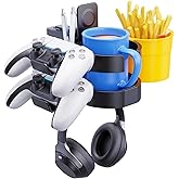 7-in-1 Desk Cup Holder - EURPMASK Organizer with Headphone, Controller Holder, Snack Bucket, and Phone Holder, Clamp-On Desk Accessory with Sturdy Large Storage, Easy to Install, Black
