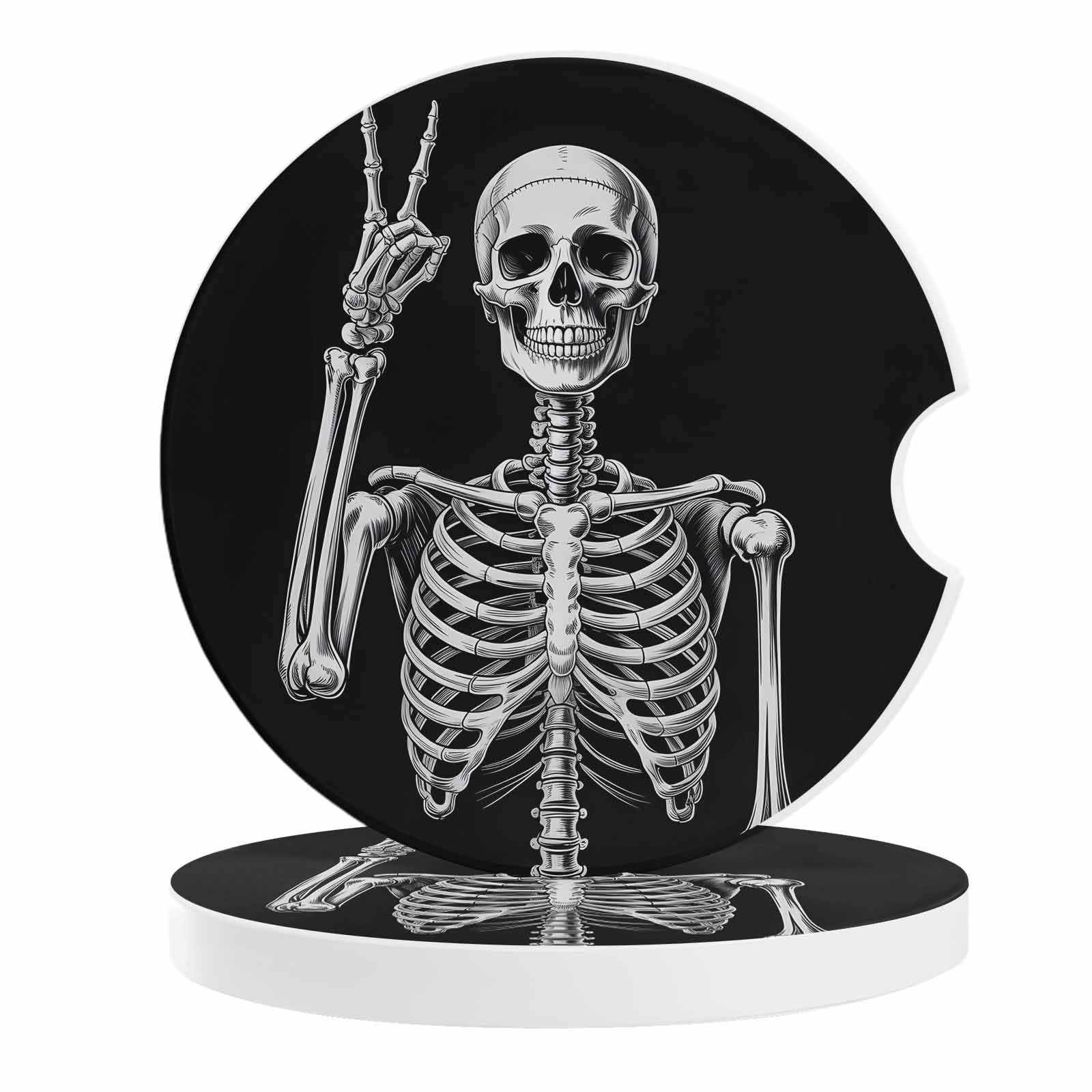 Cup Holders Car Coasters for Women/Men - 2 Pack Absorbent Ceramic Stone Drinks Coaster Set, Funny Skull Skeleton Halloween Victory