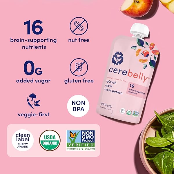 CEREBELLY BABY FOOD POUCHES – ORGANIC VEGGIE PUREES FOR TODDLERS | NO ADDED SUGAR, FIBER, NON-GMO | BLENDED TODDLER POUCHES | 4 OUNCE BPA-FREE POUCH | SPINACH APPLE SWEET POTATO | 1 COUNT