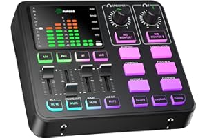P PUPGSIS PUPGSIS Gaming Audio Mixer, Audio Interface for PC/Podcast/Streaming, Sound Board with 3.5mm/XLR Mic Input, 48V Phantom Power, Voice Changer, Live Sound Card with DJ Mixer Effects/Bluetooth/4 Channel