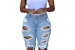 roswear Women's Ripped Denim Destroyed Mid Rise Stretchy Bermuda Shorts Jeans