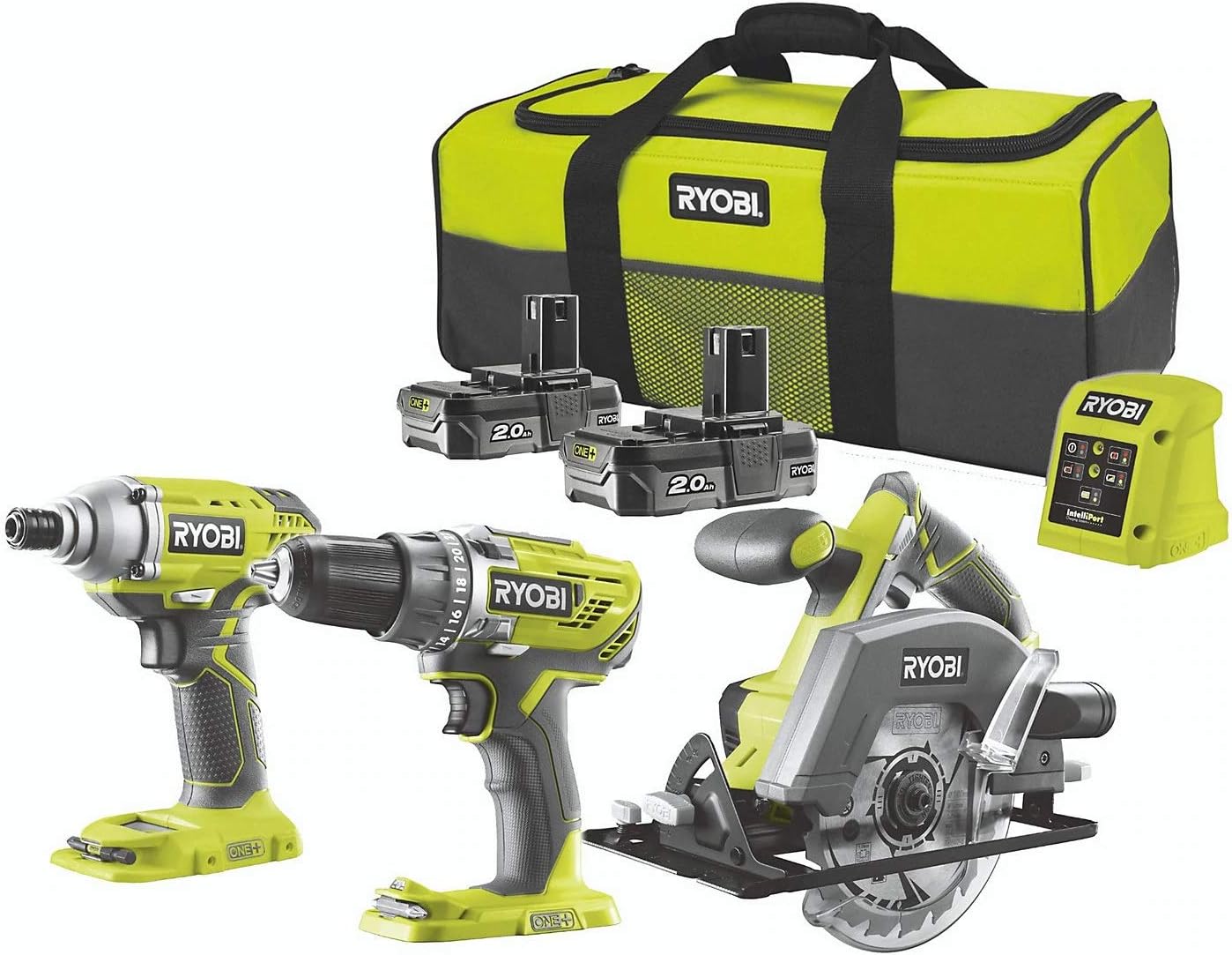 Ryobi 18v Triple Kit Combi Drill, Impact Driver & Circular Saw 2X 2.0Ah Li-ion Batteries & Charger