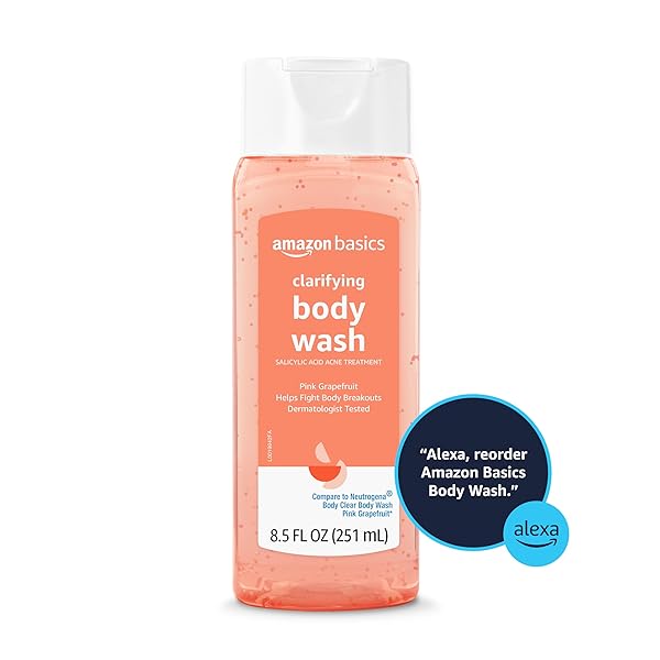 AMAZON BASICS CLARIFYING PINK GRAPEFRUIT BODY WASH, 2% SALICYLIC ACID ACNE TREATMENT, DERMATOLOGIST TESTED, 8.5 FLUID OUNCES, PACK OF 1