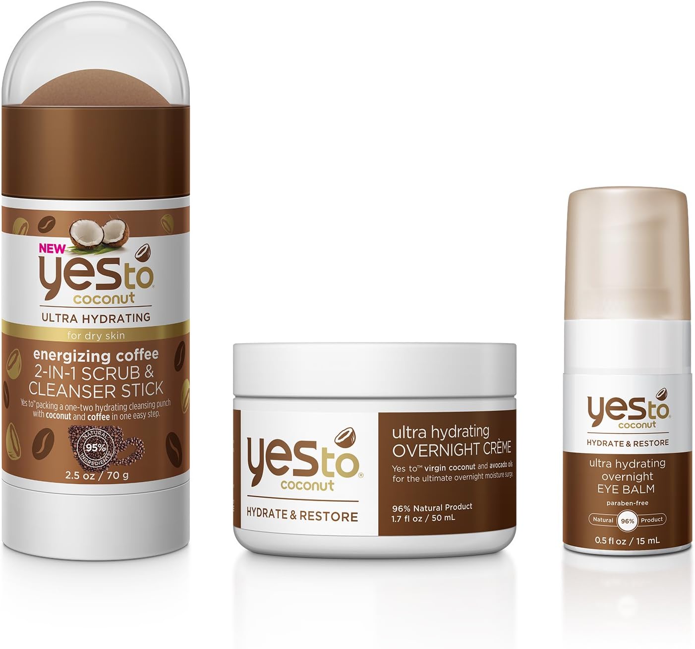 Yes To Coconut Face Kit - Ultra Hydrating for Dry Skin (Scrub & Cleanser Stick, Eye Balm, Facial Souffle Moisturizer)