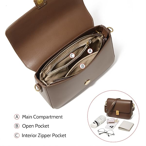 FOXLOVER CLASSIC LEATHER CROSSBODY SHOULDER BAG WITH GOLD-TONE BUCKLE-ADJUSTABLE STRAP ELEGANT PURSE, BROWN