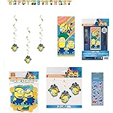 Despicable Me Birthday Party Supplies Bundle includes 1 Happy Birthday Banner, 1 Plastic Door Poster, 3 Hanging Swirl Decorations, 1 Dinosaur Sticker Sheet