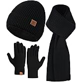 Beanie Hats Scarf And Gloves Set For Women Men, Mens Beanie Winter Hat Scarves Warm Touch Screen Gloves For Cold Weather