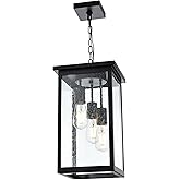 TODOLUZ 3-Lights Large Outdoor Pendant Light, Black Porch Ceiling Lighting Fixtures with Seeded Glass Panel, Exterior Hanging