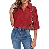 FIOPHY Women's Button Down Shirt Cropped Oversize Boyfriend Long Sleeve Collared Crop Loose Blouses with Pocket