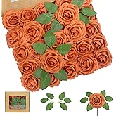 WANTMAZOR 100PCS Artificial Flowers Burnt Orange Roses Real Looking Foam Fake Roses with Leaves and for DIY Wedding Bouquets Bridal Shower Centerpieces Party Decorations (Burnt Orange, 100)