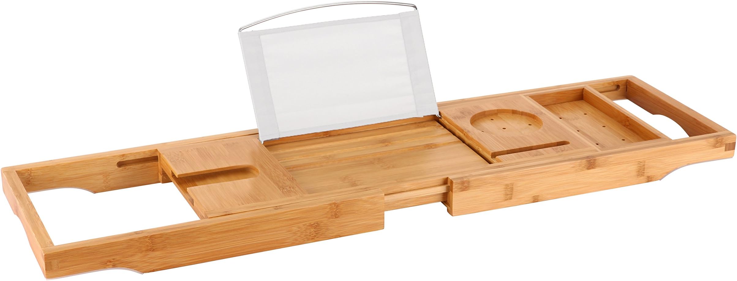 Luxury Bamboo Bathtub Caddy / Tray with Extendable Arms - Includes Book / Tablet Stand, Glass Holder, Phone Compartment, and Rubber Pads to Prevent Slipping - Fits Any Tub Size