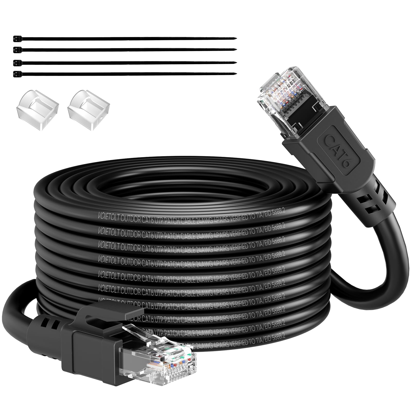 VOIETOLT Outdoor Cat 6 Ethernet Cable 14m, Water Resistant Direct Burial LLDPE UV Jacket - 24AWG 10Gbps High Speed Gigabit Internet Network Cable - CCA, UTP with 20 Ties - Black