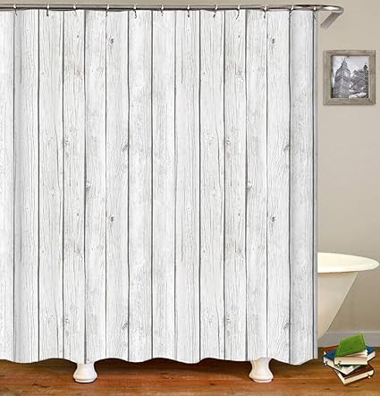Klattii Hd White Wood Texture Seamless Shower Curtain Set With