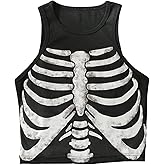 SHENHE Women's Ribbed Knit Skeleton Print Crew Neck Graphic Fitted Crop Tank Top Shirt