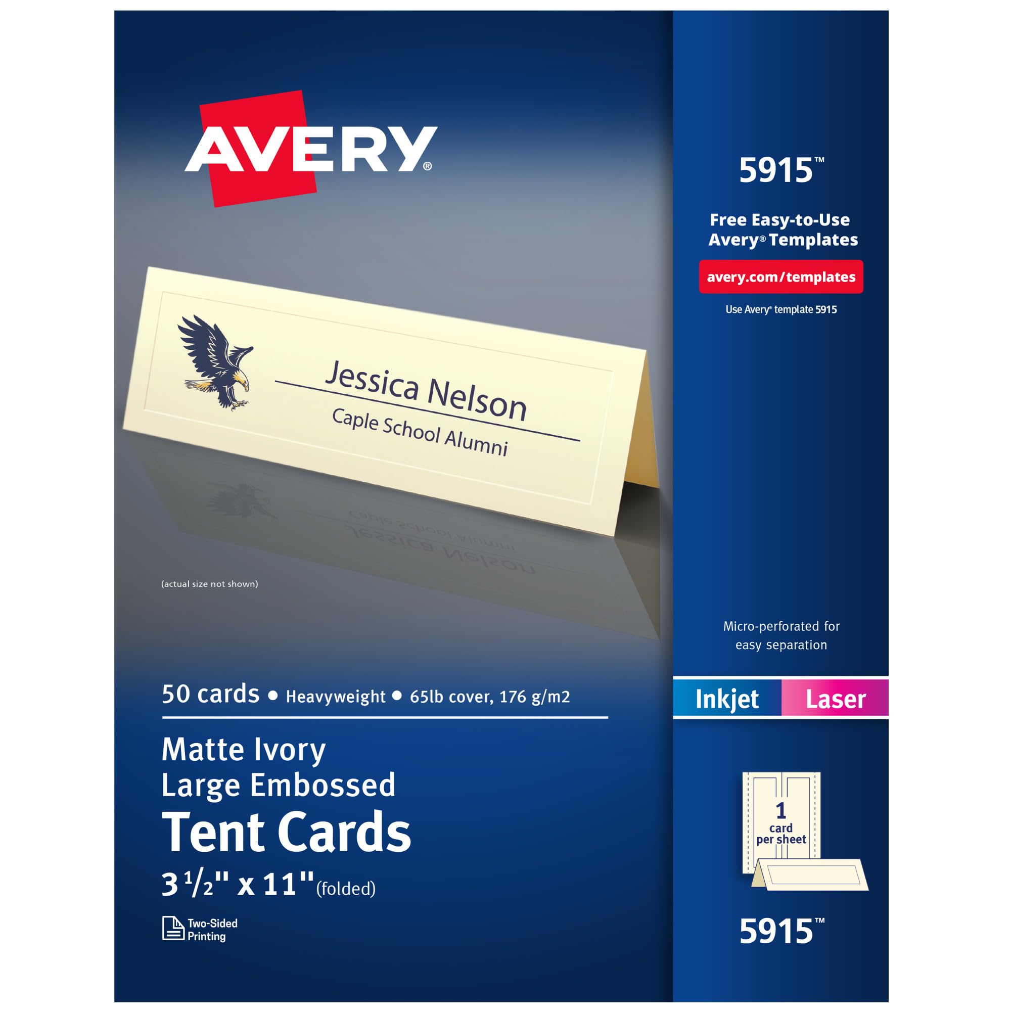 AVERY Large Embossed Ivory Tent Cards, Laser/Inkjet Printers, 3-1/2x11, Pack of 50 (5915) — image 1