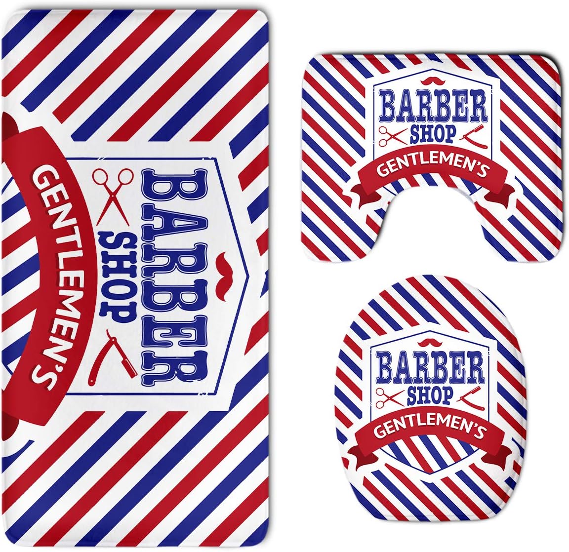 Vintage Emblem of Barber Shop Flag Bathroom 3-Piece Mat Sets Pedestal Mat + Lid Toilet Cover + Bath Mat Doormat Non-Slip Rug