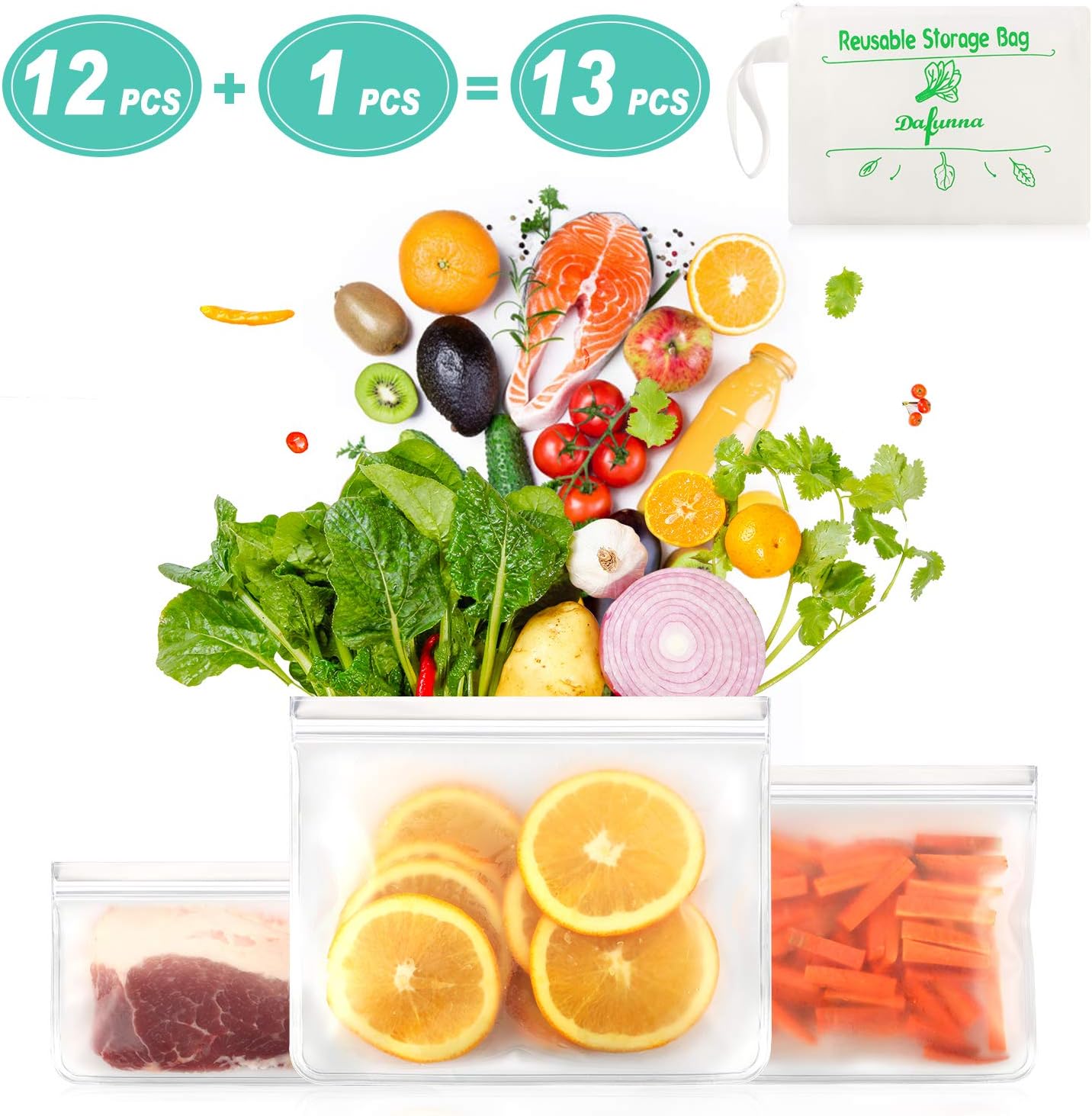 Dafunna Reusable Sandwich Bags 12 Pack - for Food Storage, Sandwich, Meats, Vegetables, Fruit, Cereal, Snack, Travel Items, Meal, Home Organization - PEVA Rezip Reusable Storage Bags