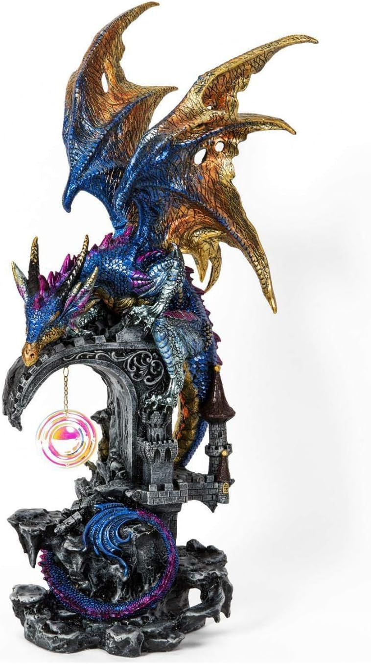 IDWW Fantasy Standing Blue Gold Dragon On Turret Figurine Ornament