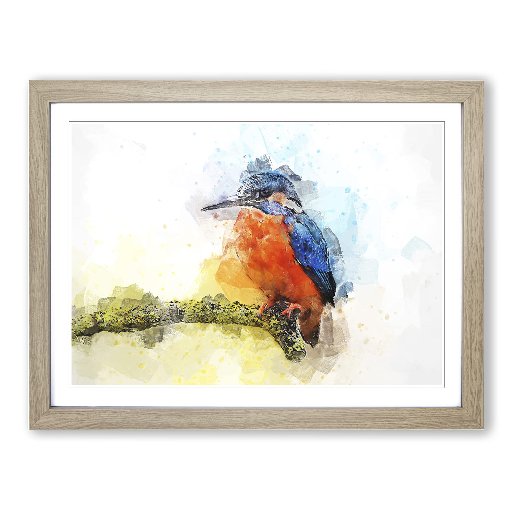 Kingfisher On A Branch In Abstract Modern Art Framed Print | A3 Oak Framed Wall Art | Ready to Hang | Abstract Fantasy Picture | Living Room Bedroom Lounge Office