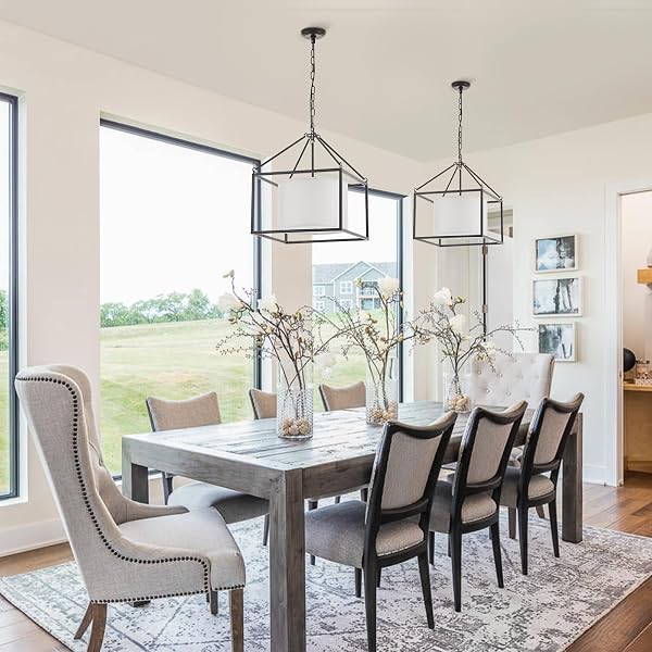 VILUXY MODERN FARMHOUSE CHANDELIER 17″ BLACK CEILING PENDANT LIGHT WITH WHITE FABRIC DRUM CHANDELIERS ROUND SQUARE HANGING LIGHTING FOR DINING ROOM BEDROOM FOYER
