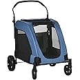 PawHut Dog Stroller for Medium and Large Dogs, 4 Wheels Folding Pet Cat Stroller with Universal Wheels, Storage Basket, Safety Leash, Blue
