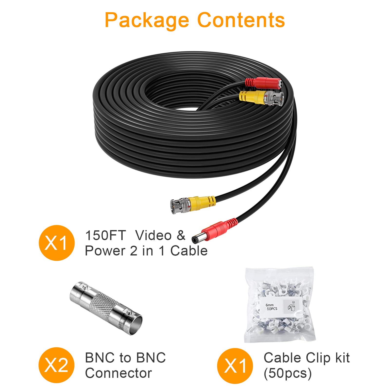 BNC Cable 150ft All-in-One Siamese BNC Video and Power Security Camera Wire, CCTV Cable with 2 Female Connectors for All Max 5MP HD CCTV DVR Surveillance System (150ft Cable,Black)