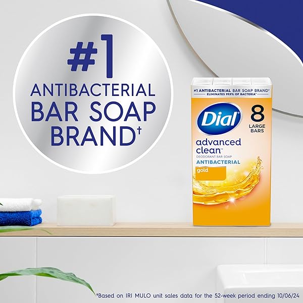 DIAL ANTIBACTERIAL DEODORANT BAR SOAP, ADVANCED CLEAN GOLD, 4 OZ, 8 BARS, ROUND THE CLOCK ODOR PROTECTION, DERMATOLOGIST TESTED, WITH CLEAN RINSE TECHNOLOGY