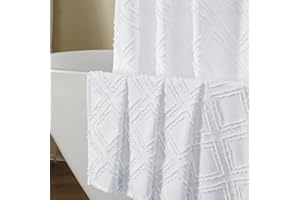 OWENIE White Shower Curtain Set, Jacquard Geometric Textured Fabric Boho Shower Curtains for Bathroom, Soft Hotel Style Farmhouse Shower Curtain Grommet Top 12 Hooks, Machine Washable, 72x72, White
